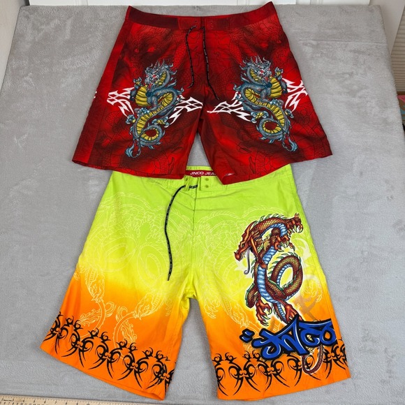 VTG Y2K JNCO JEANS Lot Of 2 Dragon Board Shorts Mens 38 Red Green Preowned - Picture 1 of 16